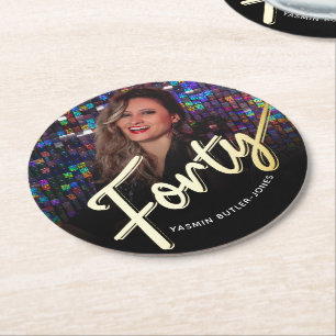 Forty 40th Birthday custom photo script gold black Round Paper Coaster