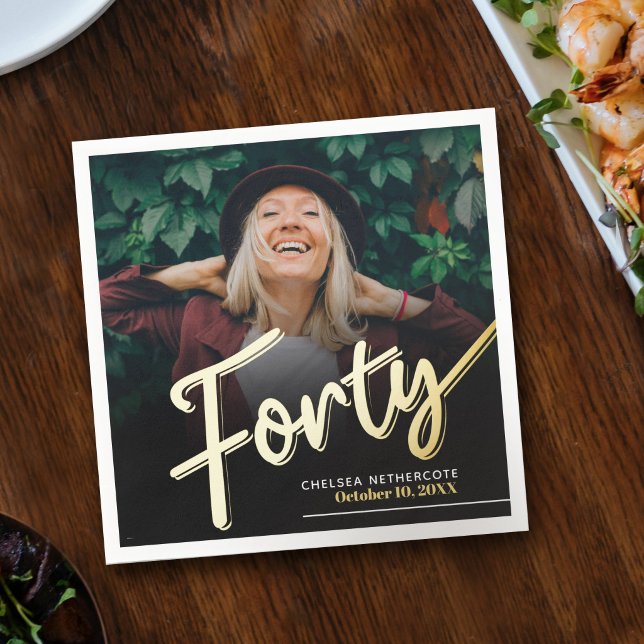 Forty 40th Birthday custom photo script gold Napkin (Creator Uploaded)