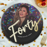Forty 40th Birthday custom photo script gold Paper Plate<br><div class="desc">Forty gold affect script text photo party plates. Personalize this 40th birthday party script photo birthday plate with your own birthday girls name and a photo of your birthday girl. Other years and matching items are available. © Original design by Sarah Trett for www.mylittleeden.com on Zazzle.</div>