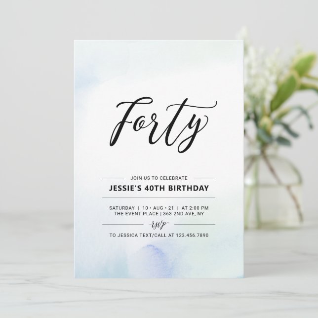 Forty | 40th Birthday Party Blue Watercolor Invitation (Standing Front)