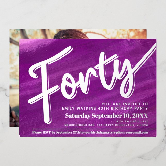 Forty 40th Birthday party purple art gold script (Front/Back)