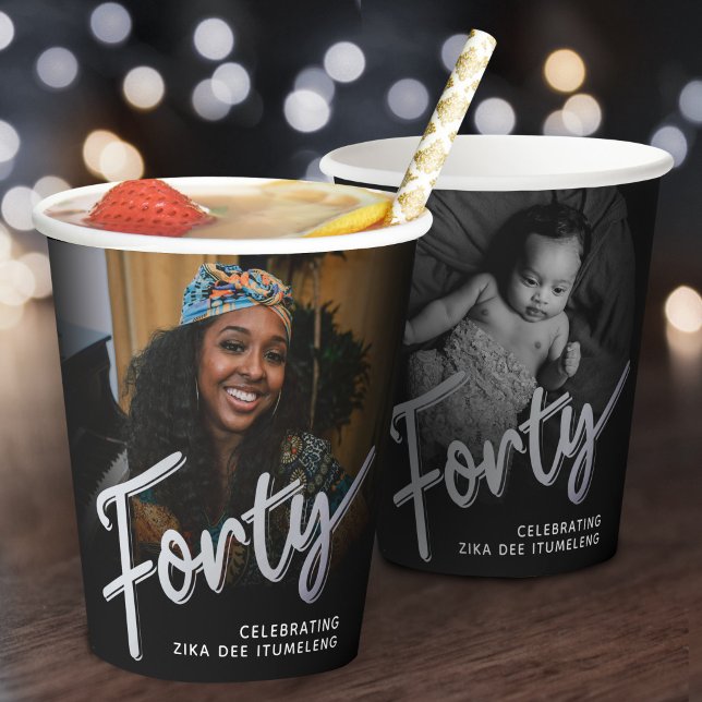 Forty 40th Birthday photo script black silver Paper Cups (Creator Uploaded)