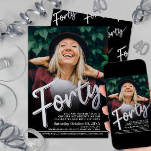 Forty 40th Birthday photo script flat silver colou Invitation