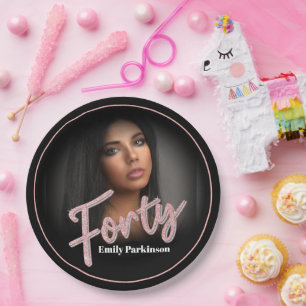 Forty 40th Birthday photo script rose pink custom Paper Plate