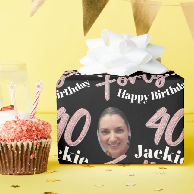 Forty 40th Birthday photo script rose pink custom  Wrapping Paper (Birthday Party)