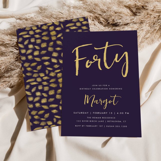 Forty 40th Birthday Purple Gold Patterned Back Invitation (Creator Uploaded)