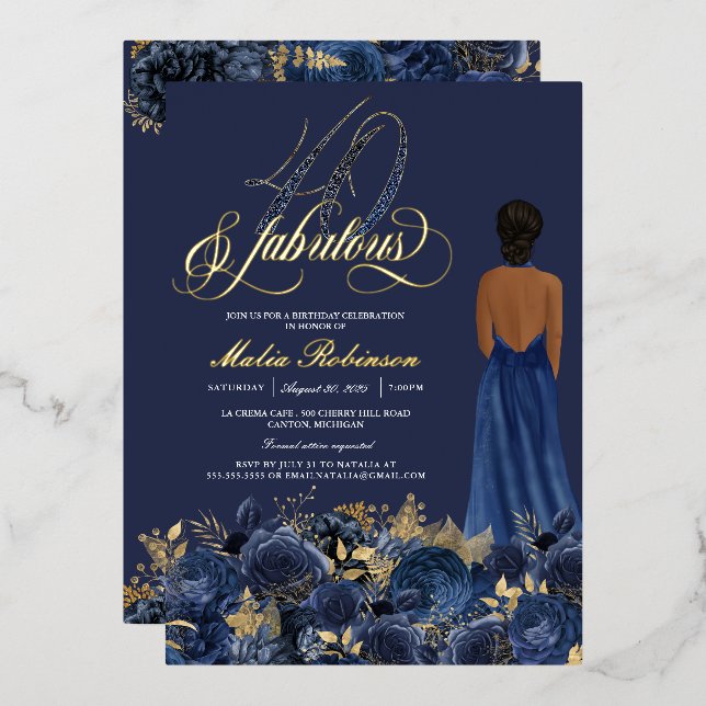 Forty and Fabulous Elegant Blue & Gold Birthday Fo (Front/Back)