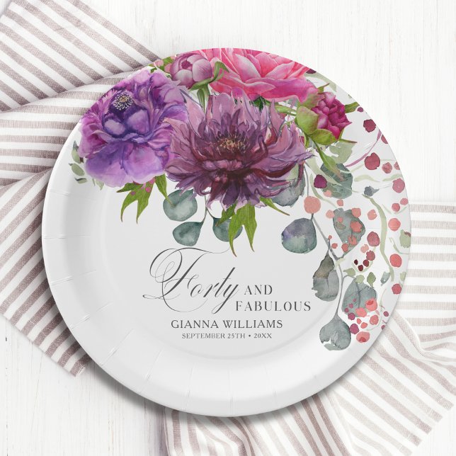 Forty and Fabulous Elegant Floral 40th Birthday Paper Plate (Creator Uploaded)