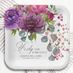 Forty and Fabulous Elegant Floral 40th Birthday Paper Plate<br><div class="desc">Forty and Fabulous Elegant Floral 40th Birthday Party Paper Plates features a stylish watercolor flower bouquet in pink,  purple and burgundy with greenery. Simply add your custom text for your fortieth birthday party. Personalized by editing the text in the text boxes provided. Designed by ©Evco Studio www.zazzle.com/store/evcostudio</div>