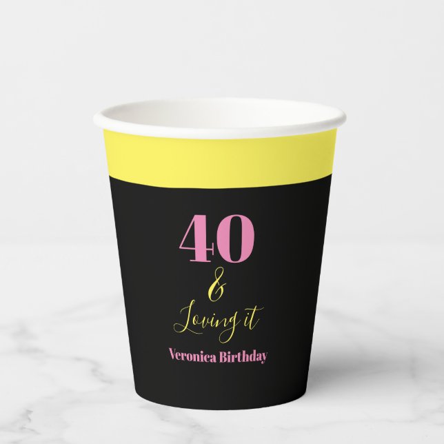 Forty and Loving It 40th Birthday Yellow Black Paper Cups (Front)