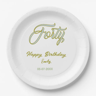 forty birthday name date blue green pastel trendy paper plate