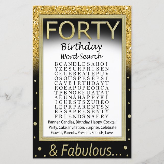 Forty Birthday Word Search Game (Front)