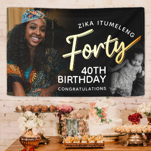 Forty black gold 40th Birthday now and then photo Banner