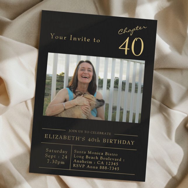 Forty Black Gold 40th Birthday Party Photo Invitation (Black and gold 40th birthday party invitation on a cloth background)
