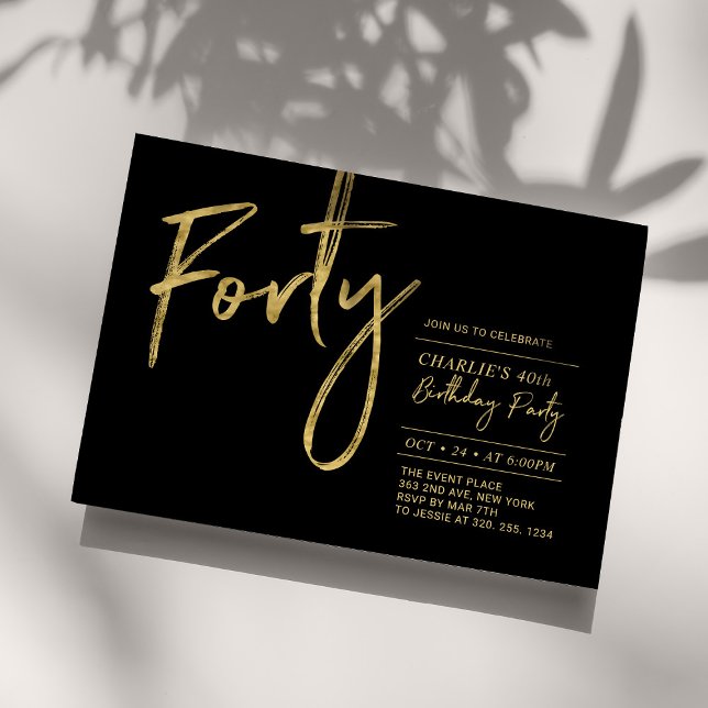 Forty | Black & Gold Modern 40th Birthday Party Invitation (Creator Uploaded)