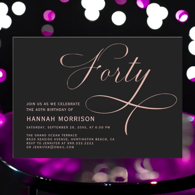 Forty Black Rose Gold Script 40th Birthday Invitation (Creator Uploaded)