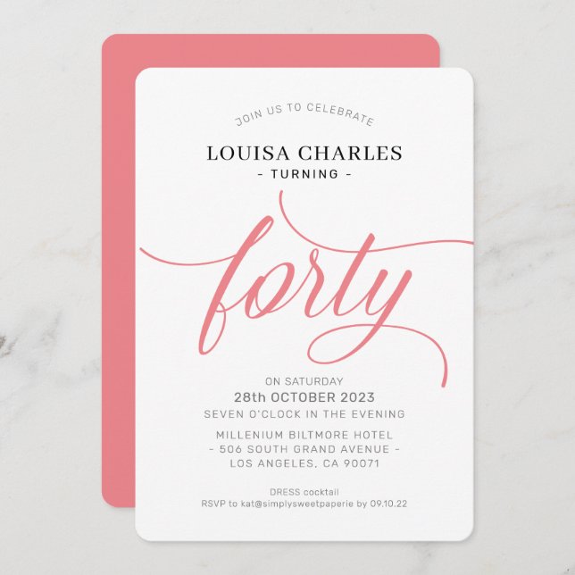FORTY elegant birthday chic script modern coral In Invitation (Front/Back)