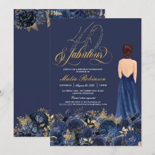 Forty & Fabulous Formal Blue & Gold Adult Birthday Invitation