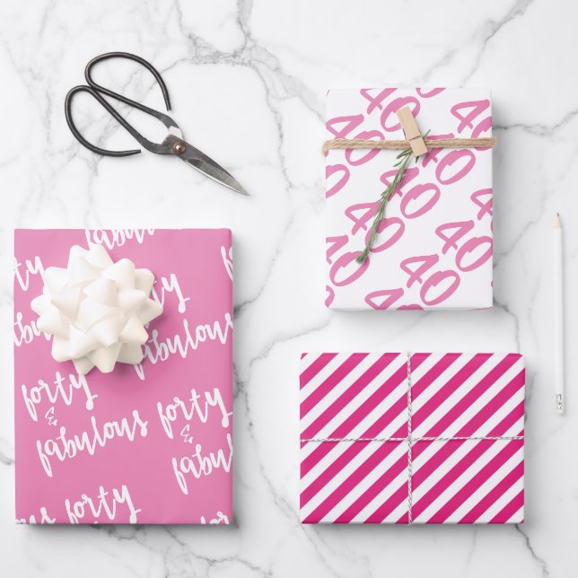 Forty & Fabulous - Fun Pink 40th Birthday Wrapping Paper Sheet (Front)