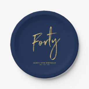 Forty   Gold & Navy Blue Lettering 40th birthday Paper Plate