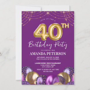 Forty Gold Purple Balloons 40th Birthday Party Invitation
