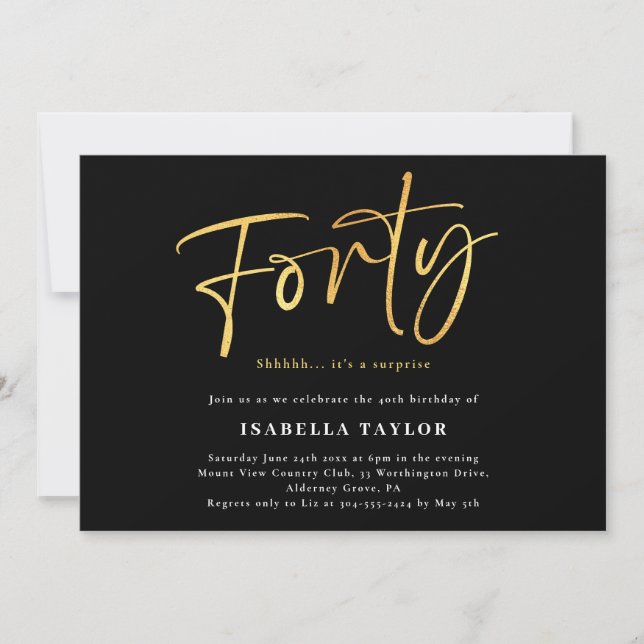 Forty Modern Black Gold 40th Birthday Invitation (Front)