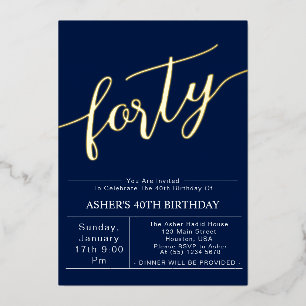 Forty   Modern Blue & Gold Script 40th Birthday 