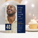 Forty Photo Blue & Gold 40th Birthday Party Real<br><div class="desc">Celebrate in style with these modern real foil 40th birthday party invitations featuring a chic blue background,  a photo of the birthday boy/girl,  the funny saying 'it took forty years to look this good!',  and a simple text template that is easy to personalize.</div>