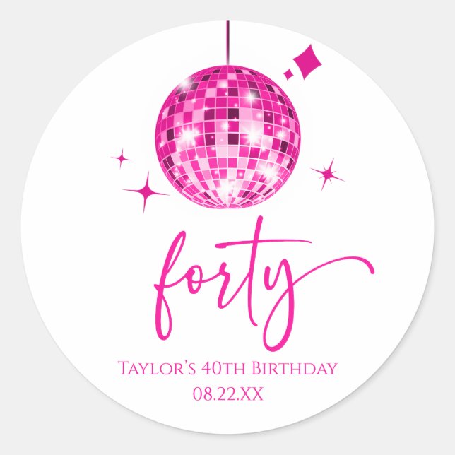 Forty Pink Disco Ball 40th Birthday Party Classic Round Sticker (Front)