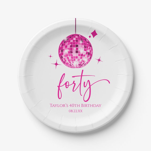 Forty Pink Disco Ball 40th Birthday Party Paper Plate (Front)