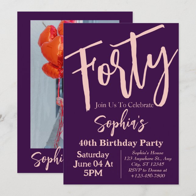 Forty Pink Purple Modern 40th Birthday Party  Invitation (Front/Back)