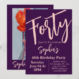 Forty Pink Purple Modern 40th Birthday Party  Invitation