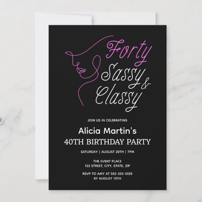 Forty Sassy & Classy Pink Black 40th Birthday  Invitation (Front)
