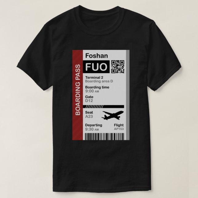 Foshan Boarding Pass (Flight Destination Ticket)   T-Shirt (Design Front)