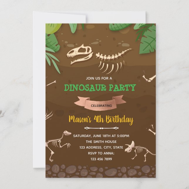 Fossil dinosaur birthday party invitation (Front)