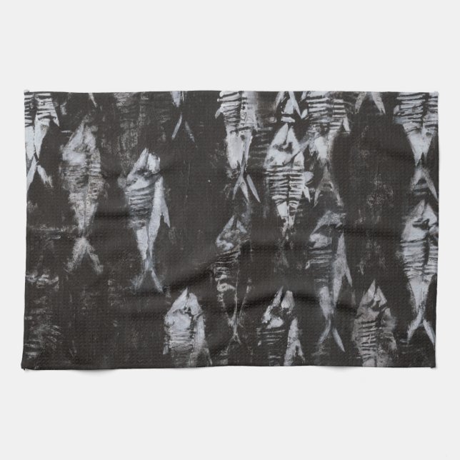 Fossil White Fish on Black Background Kitchen Towel (Horizontal)