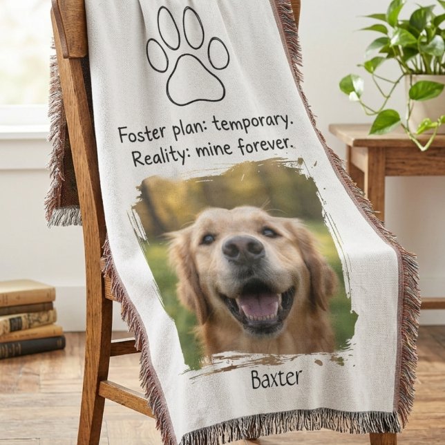 Foster Fail Paw Print Photo Throw Blanket (A dog photo featured on this woven design, a perfect keepsake for a new pet parent’s gotcha day.)