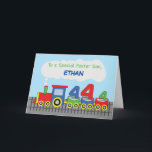 Foster Son 4th Birthday Colourful Train on Track Card<br><div class="desc">Now is the best time to order yourself a copy of this brightly coloured card that we designed to send fun 4th birthday greetings to a dear foster son. You can also customize this with his name on the cover.</div>