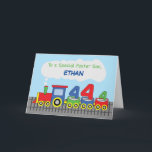 Foster Son 4th Birthday Colourful Train on Track Card<br><div class="desc">Now is the best time to order yourself a copy of this brightly coloured card that we designed to send fun 4th birthday greetings to a dear foster son. You can also customize this with his name on the cover.</div>