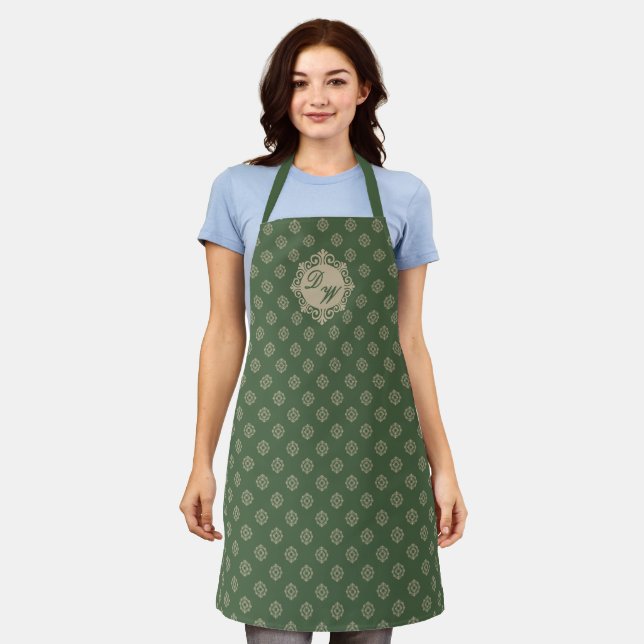 foulard rosette geometric pattern, sage green apron (Worn)
