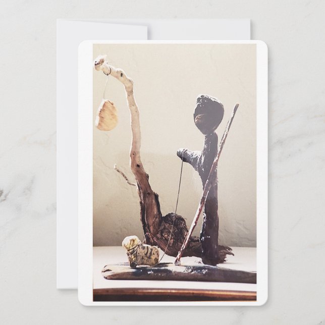 Found items driftwood and stone sculpture holiday card (Front)