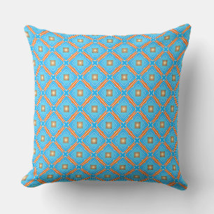 Fountain Blue Squares Orange Laced  Throw Pillow