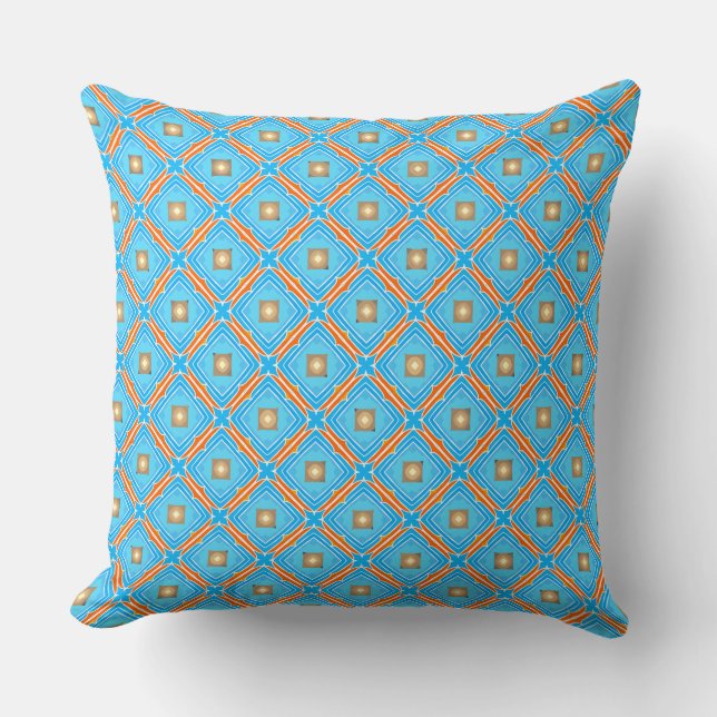 Fountain Blue Squares Orange Laced  Throw Pillow (Front)