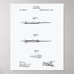 Fountain Pen 1893 Patent Art White Paper Poster