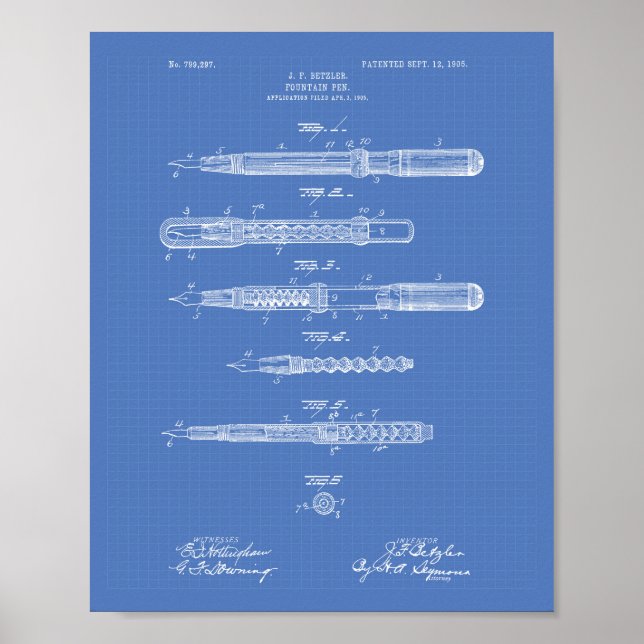 Fountain Pen 1905 Patent Art Blueprint Poster (Front)