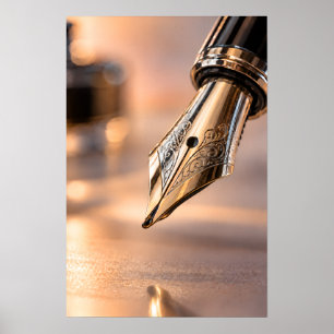 Fountain Pen Nib Macro Photography with Ink Drop Poster
