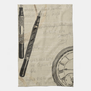 Fountain Pens and Watchface with Notes Kitchen Towel