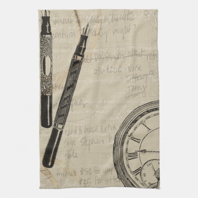 Fountain Pens and Watchface with Notes Kitchen Towel (Vertical)