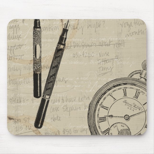 Fountain Pens and Watchface with Notes Mouse Pad (Front)