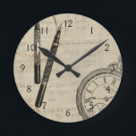 Fountain Pens and Watchface with Notes Round Clock<br><div class="desc">Looks like someone was taking a lot of notes! This contemporary painting of fountain pens and a watchface illustrate the loss of time to the various mundane,  but important,  activities in our lives. Get your copy today!</div>